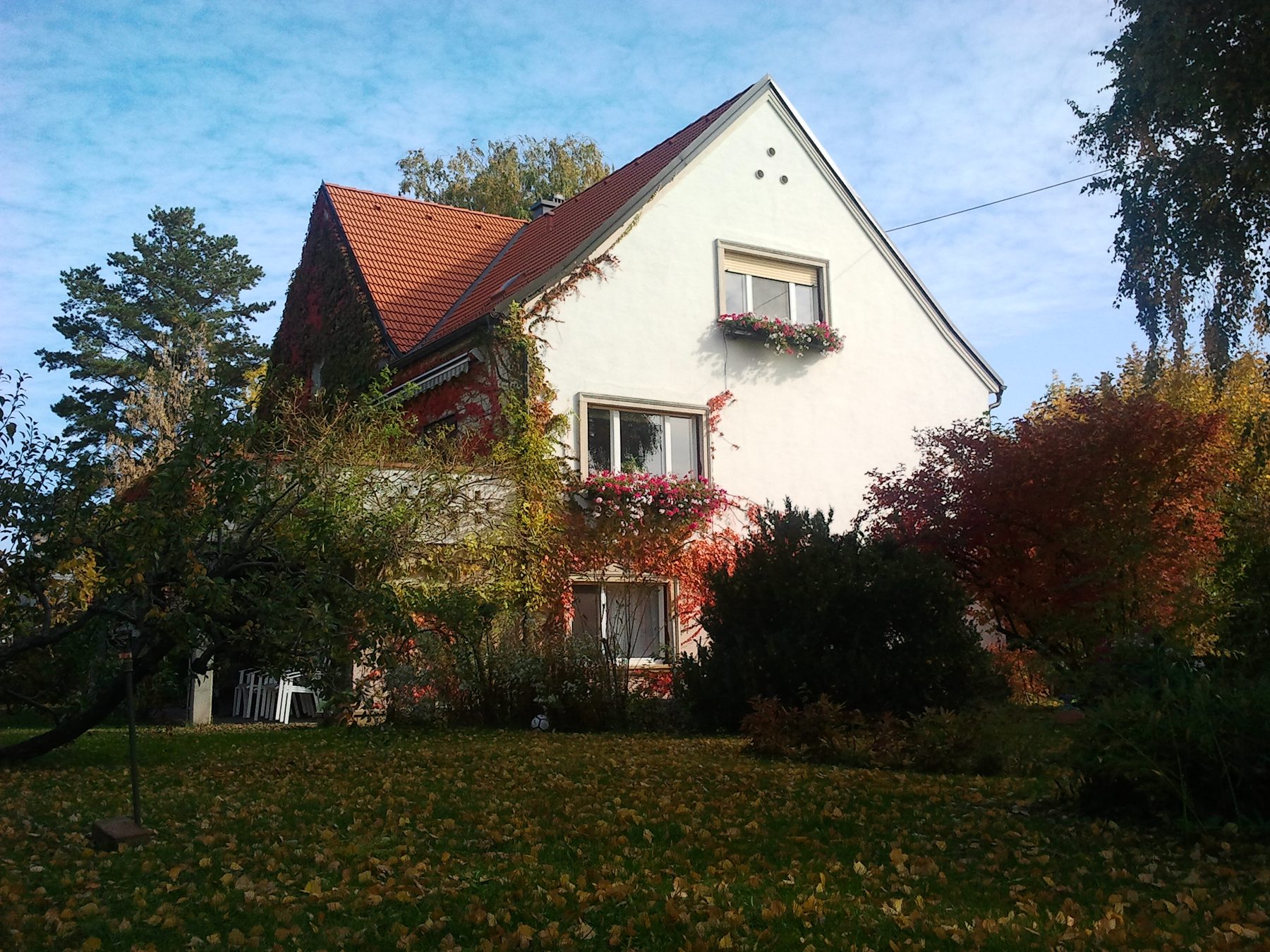 Außenansicht des Hauses mit Herbstlaub und Blumenkästen